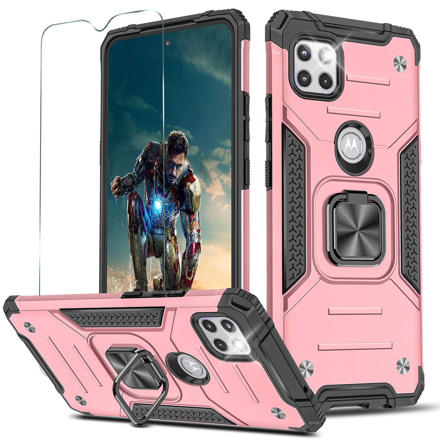 case for Moto one 5g ace Case,Motorola one 5g ace case with HD Screen Protector,Cases with Rotating Holder Kickstand Non-Slip Hybrid Rugged Case for Motorola one 5g ace 6.7-KKRose Gold