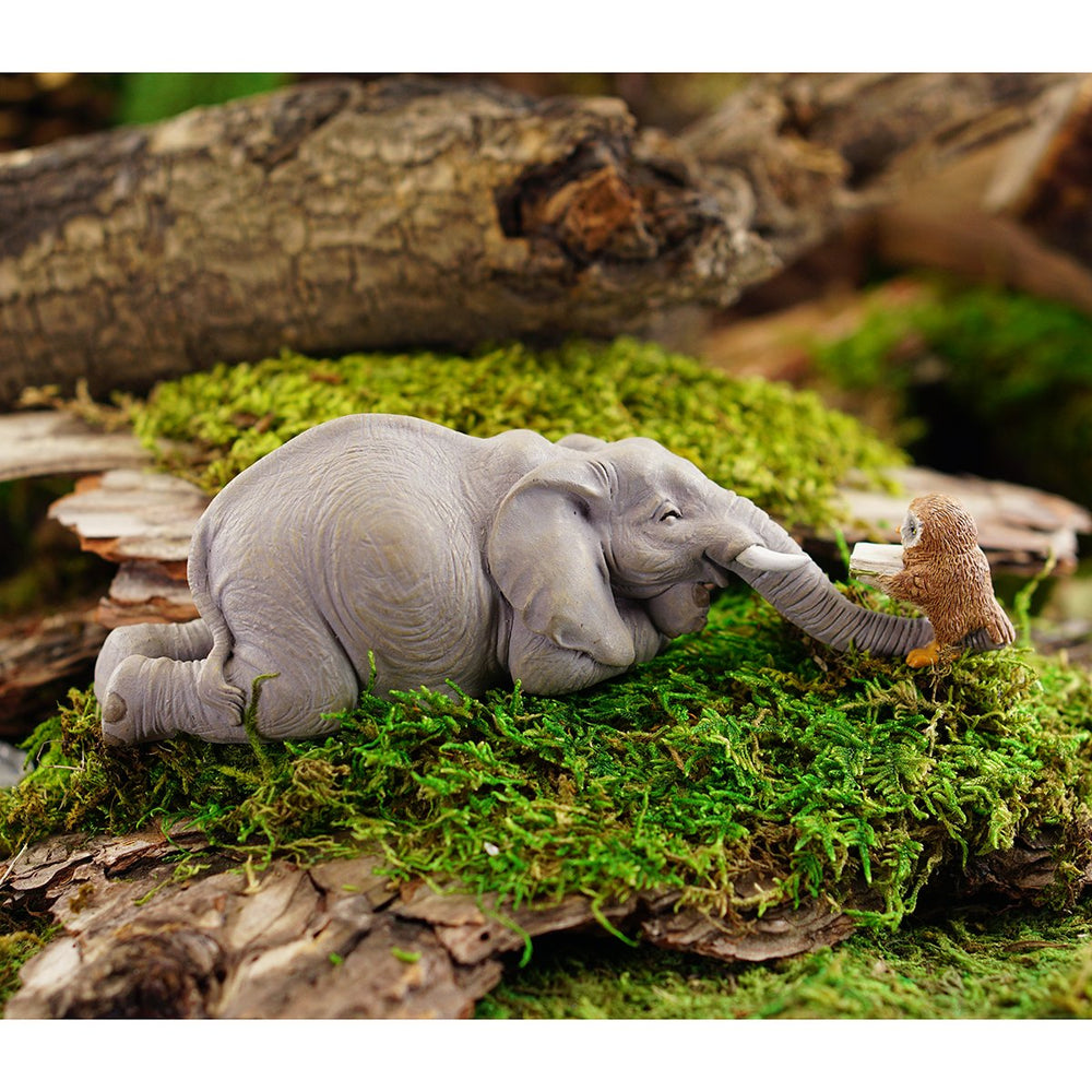 Miniature Garden Elephant Reading Book with Owl, Gray