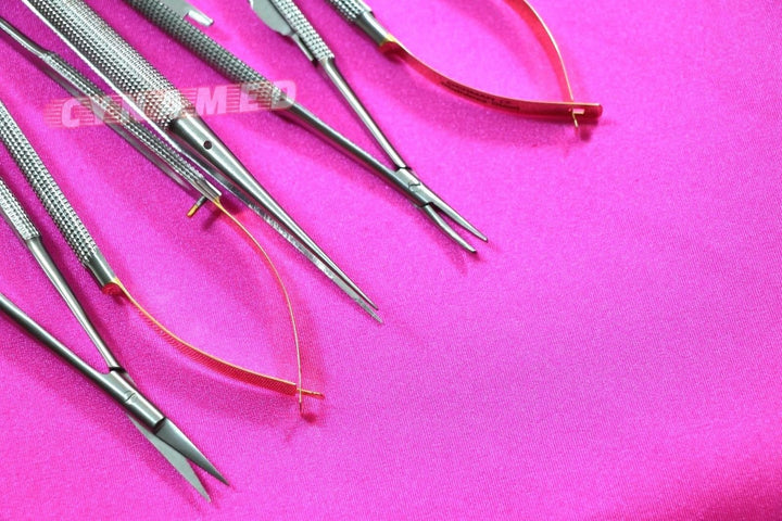 German Stainless Set of 5 Castroviejo Micro Scissors Needle Holder Straight and Curved and Micro Forceps Dental Eye Instruments