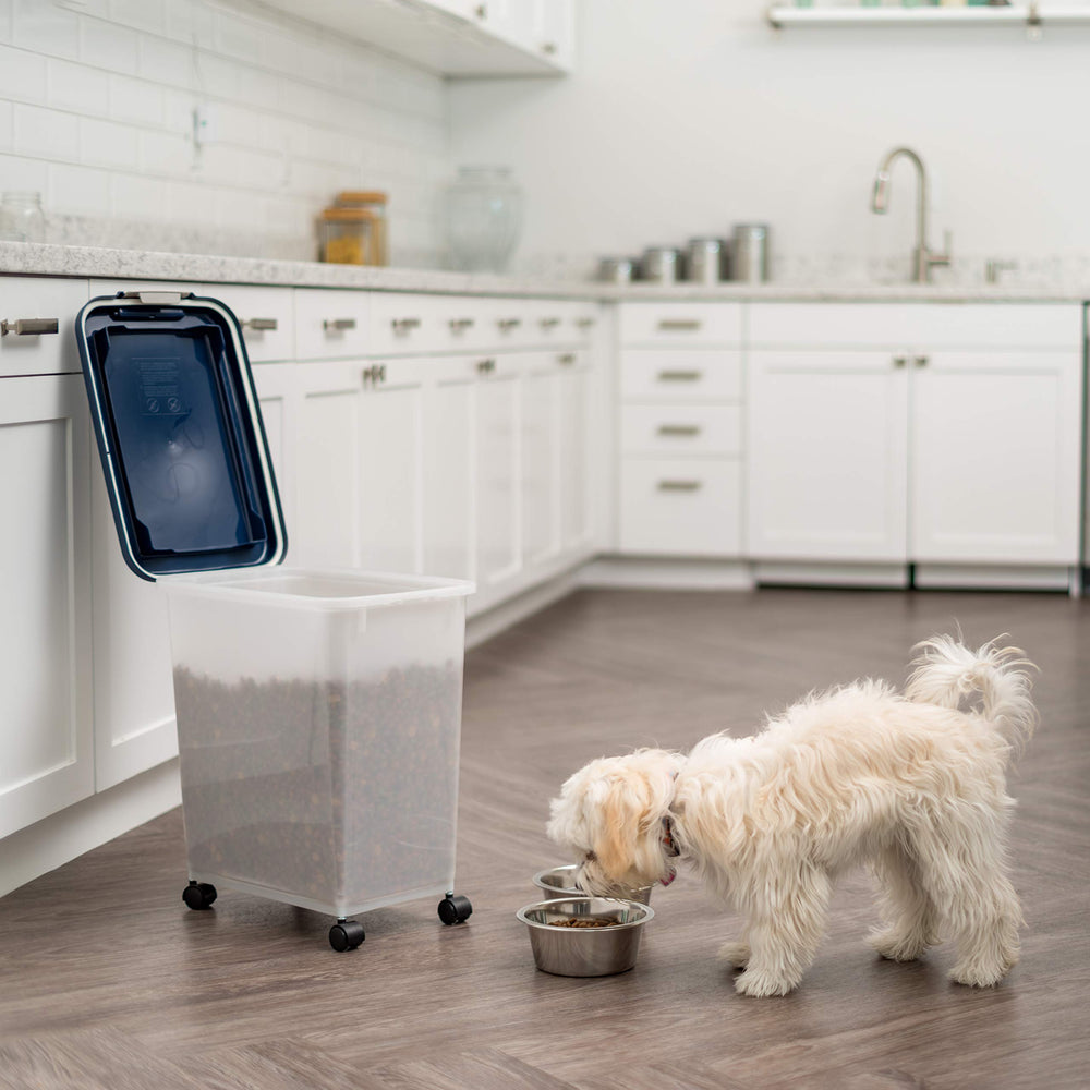 USA Airtight Dog Food Storage Container, Up to 30 lbs, Attachable Wheels, for Dog Cat Bird and other Pet Food Storage Bin, Keep Fresh, Easy Mobility, BPA Free, Navy/Pearl