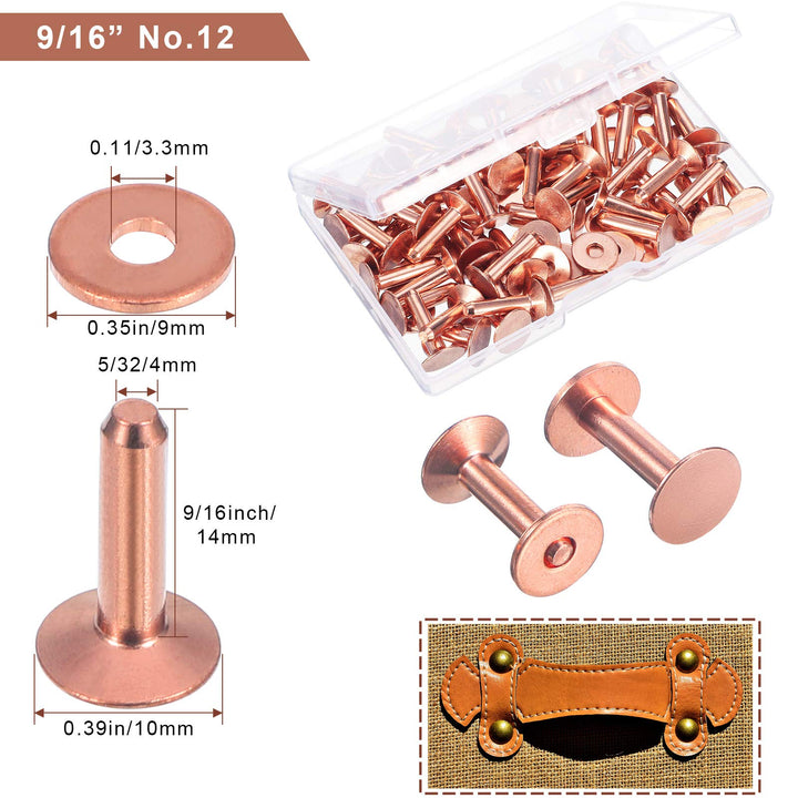 50 Sets Copper Rivets and Burrs, Copper Rivets for Leather Pure Copper Rivet Setting Tool for Belts Wallets Collars Leather DIY Craft Supplies (9/16 Inch, Size 12)