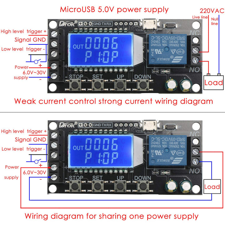 Time Delay Relay, Timer Delay Controller Module DC 5V 12V 24V Delay-Off Cycle Timer 0.01s-9999mins Adjustable Trigger Delay Switch Control Relay Board with LCD Display Support Micro USB 5V Input