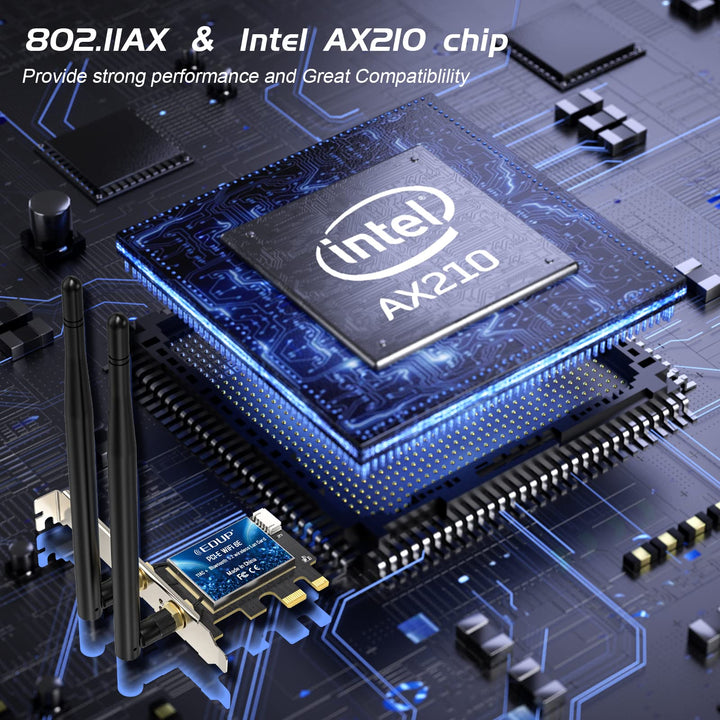 WiFi 6E PCIe WiFi Card AX210NGW Bluetooth 5.2 AX5400M 802.11ax Tri-Band 6G/5.8G/2.4GHz 6dBi Antenna PCIE Wireless Network Cards for Desktop PC Support Windows 11/10 64-bit
