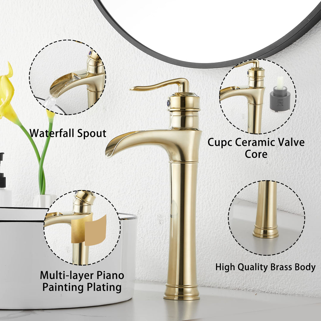 Brushed Gold Bathroom Faucet Waterfall Bathroom Faucet Single Handle One Hole Tall Body Farmhouse Bathroom Vessel Sink Faucet Vanity Faucet Matching with Pop Up Drain