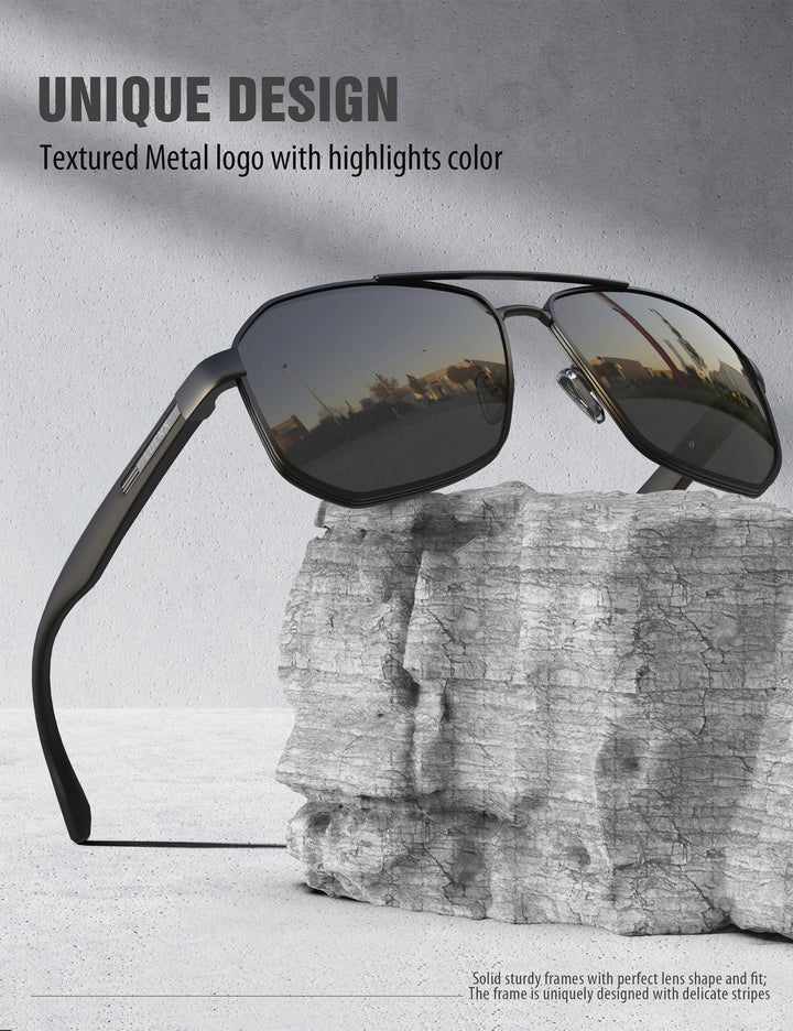 Aviator Sunglasses for Men Driving Square Polarized Polygon Lens - UV 400 Protection with Accessories(Dark Silver Grey Lens)