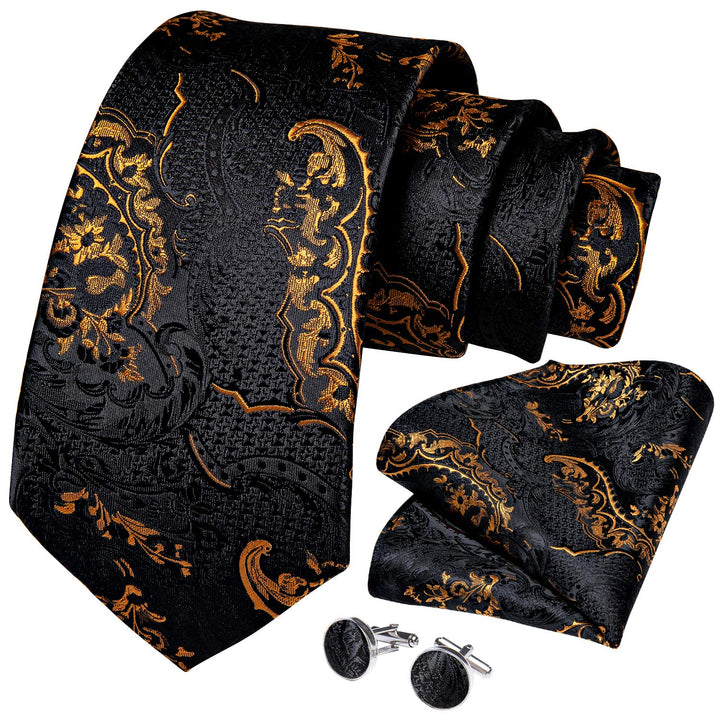 Mens Tie Set Silk Solid Paisley Necktie and Pocket Square Cufflinks Classic Formal Ties for Men Wedding Party, Black Gold