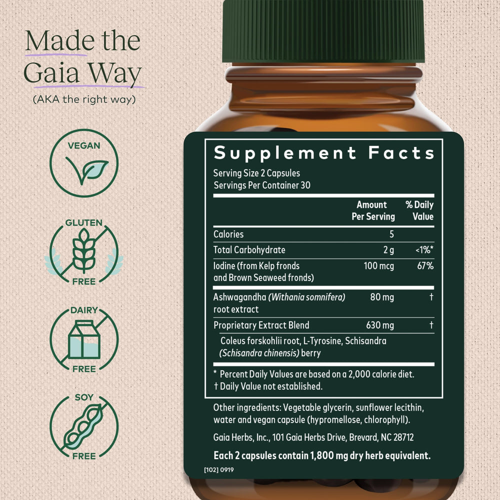 Thyroid Support - Made with Ashwagandha, Kelp, Brown Seaweed, and Schisandra to Support Healthy Metabolic Balance and Overall Well-Being - 60 Vegan Liquid Phyto-Capsules (20-Day Supply)