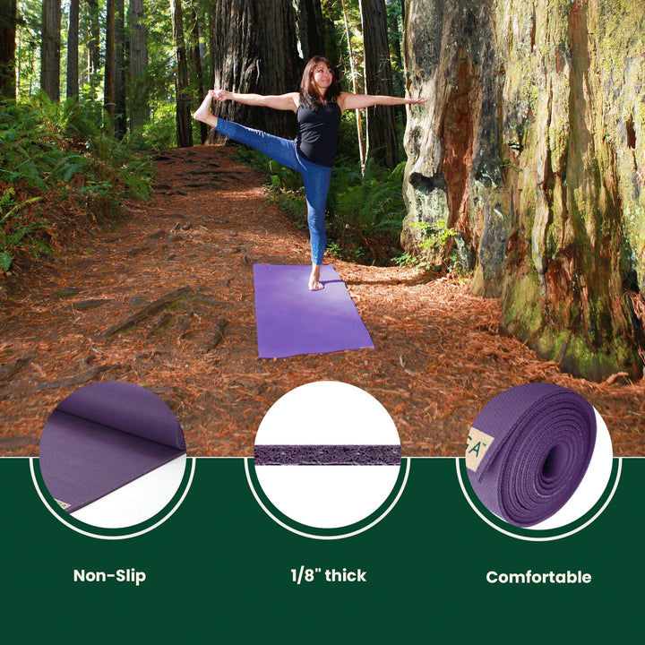 Travel Yoga Mat - Packable, Lightweight, and Portable Yoga Mat - Non-Slip Natural Rubber Mat for Women & Men - Great for Yoga, Home, Gym, Pilates, Fitness & Stretching (Purple, 68 x 24)