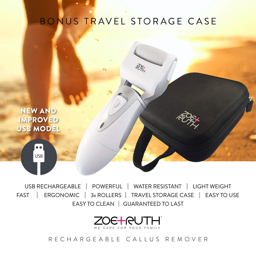 Electric Callus Remover Foot File, Rechargeable Pedicure Tools for Dry Hard Cracked Dead Skin on Your Heels & Feet ZR-CR200. 3 Professional Quality Pedi Exfoliation Rollers & Storage Case