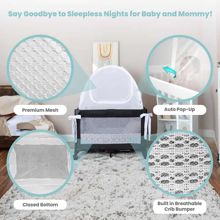 Premium Pack n Play Tent, Mini Crib Tent to Keep Baby from Climbing Out, Auto Pop Up Pack and Play Tent with Auto-Lock Zippers, Thick Velvety Breathable Mesh (Stars & Moons - Ruffles)