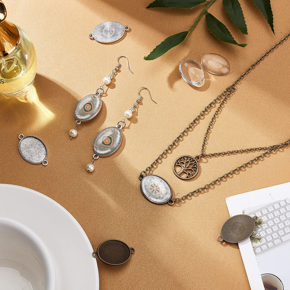 24pcs Double Holes Photo Charms Connector Pendant Tray Blanks Bezel Cabochon Settings with 24pcs Glass Cabochon Tiles Memorial Photo Pendant for Bouquet Wedding Graduation Photo Charm