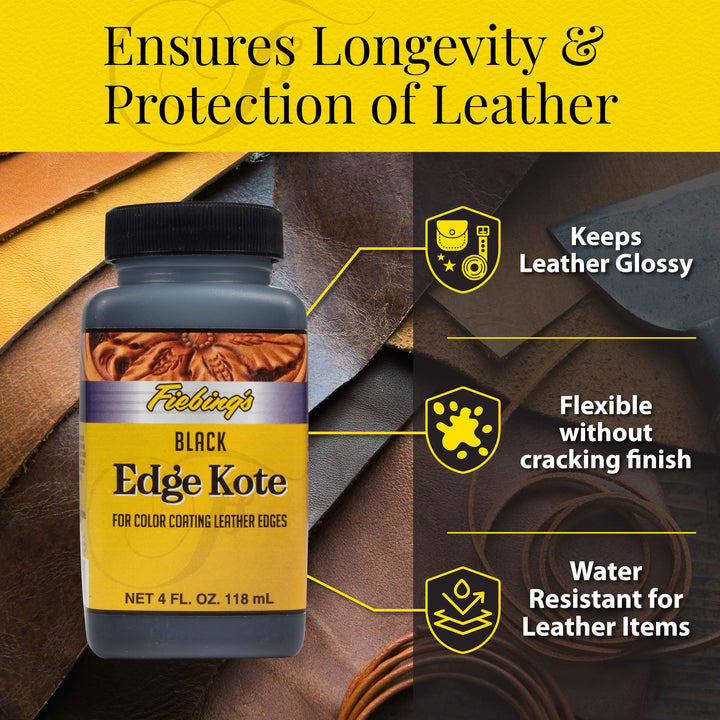 Fiebing's Edge Kote (4oz, Black) - Leather Edge Paint for Shoes, Furniture, Purses, Couches, Belts - Flexible, Water Resistant, Semi Gloss Color Coating Leather Dye to Protect Natural Edges