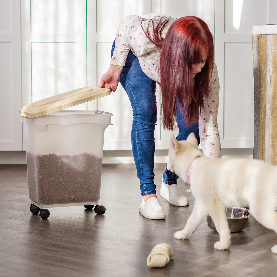 USA WeatherPro Airtight Dog Food Storage Container, Up to 22 lbs, Attachable Wheels, For Dog Cat Bird and Other Pet Food Storage Bin, Keep Fresh, Translucent Body, Clear/Almond