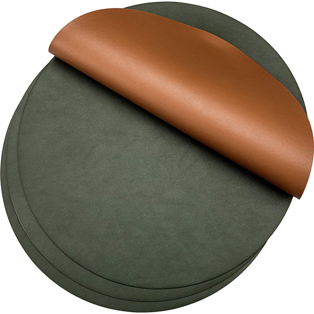 8 Pieces Round Leather Placemat and Coasters Set, PU Waterproof Place Mat Heat Resistant Non-Slip Washable Mats for Kitchen Dining Table (Brown, Dark Green)