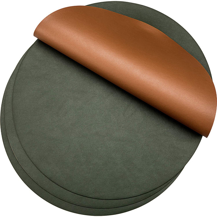 8 Pieces Round Leather Placemat and Coasters Set, PU Waterproof Place Mat Heat Resistant Non-Slip Washable Mats for Kitchen Dining Table (Brown, Dark Green)