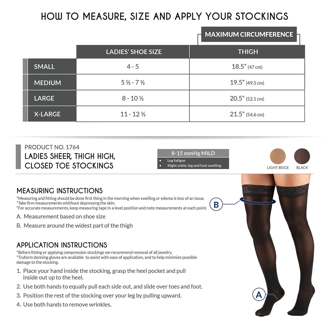 Truform Women's 8-15 mmHg Sheer Thigh High Compression Stockings, Beige, X-Large