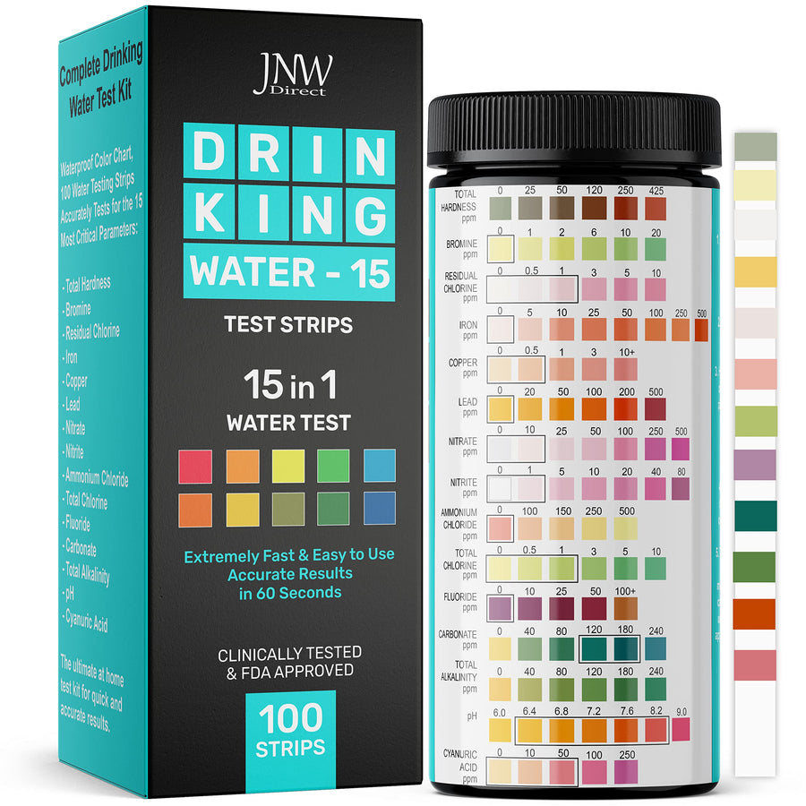 Drinking Water Test Kit - 15-in-1 Chlorine Drinking Water Test Strips with eBook - Lead Testing Kits for Drinking Water - Test Iron, Bromine, pH, Hardness, and More - 100 Tests -