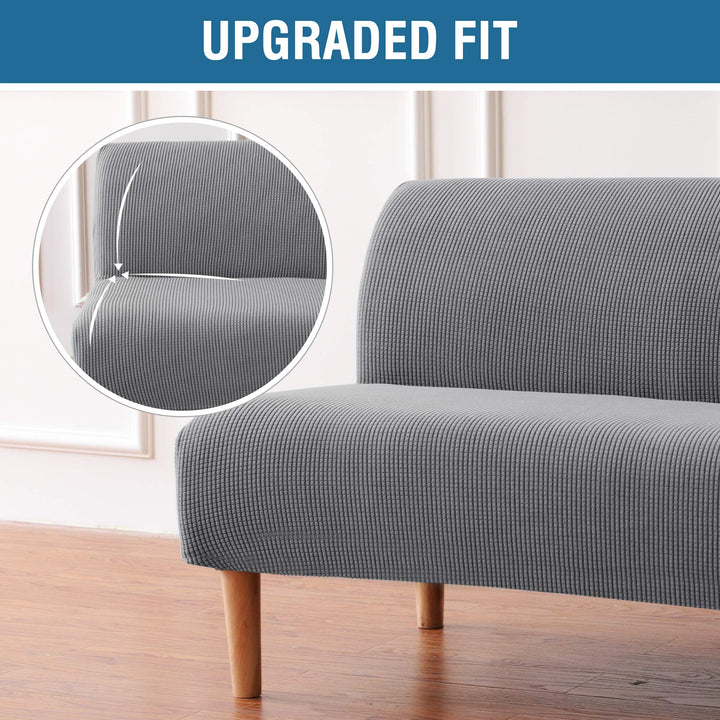 Armless Futon Cover Stretch Sofa Bed Slipcover Protector Elastic Feature Rich Textured High Spandex Small Checks Jacquard Fabric Futon Cover, Machine Washable, Dove