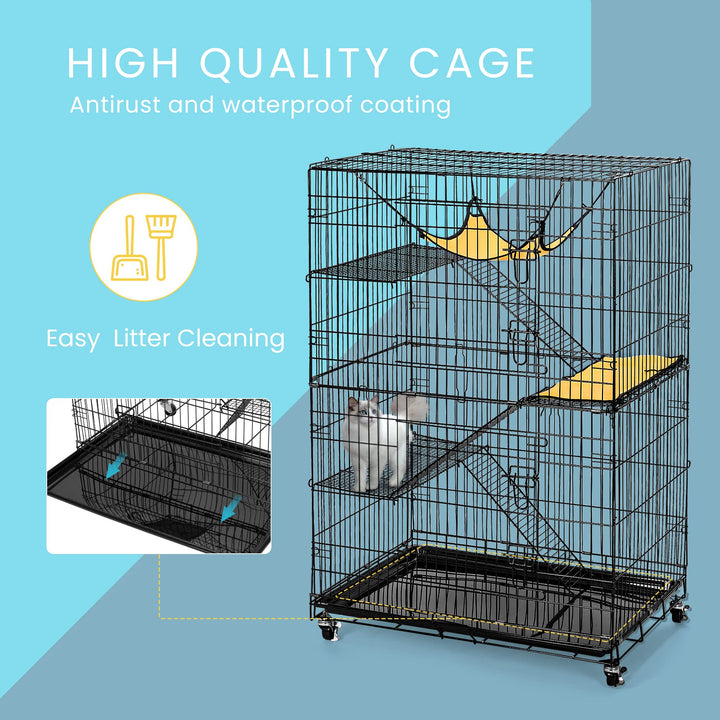 4-Tier 49 Inch Collapsible Metal Cat Kitten Ferret Cage 360° Rotating Casters Enclosure Pet Playpen with Ramp Ladders Hammock and Bed Black