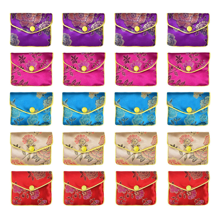 Jewelry Silk Purse New Year Pouch Bags Chinese Silk Style Brocade Embroidered Bags Coin Purse for Women 5 Colors, 20pcs