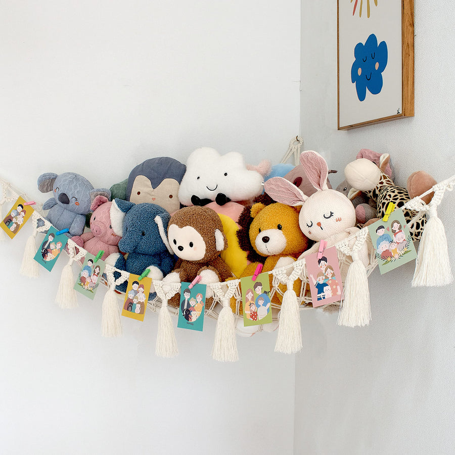 Stuffed Animal Net or Hammock – Decorative Macrame Toy Hammocks for Kids Toys, Large Soft Net with LED Start Light String, Wall Hanging Hooks, and Wooden Photo Display Clips, Toy holder