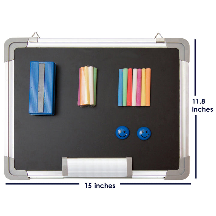 Chalkboard Set - Small Black Board 15 x 12 + 1 Magnetic Chalk Eraser, 14 Chalk Sticks (7 Colors) and 2 Magnets - Mini Hanging Wall Message Sign Blackboard for Home Office Kids (15x12 Landscape)