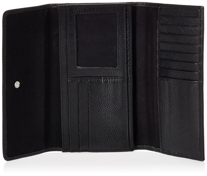 Leather RFID Flap Wallet Clutch Organizer, Black (Pebble)
