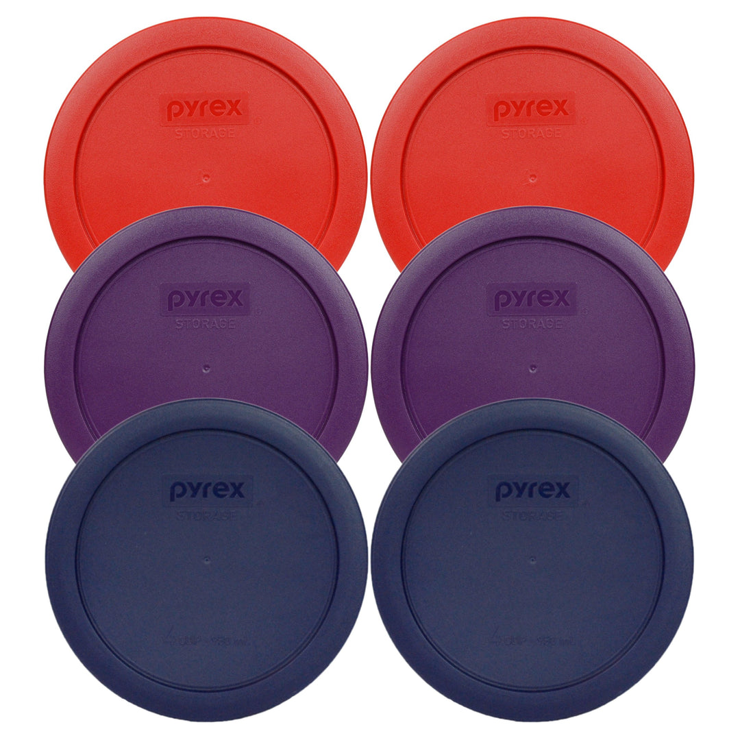 Pyrex 7201-PC (2) Poppy Red, (2) Purple, & (2) Blue Round 4 Cup Plastic Storage Lids, Made in USA