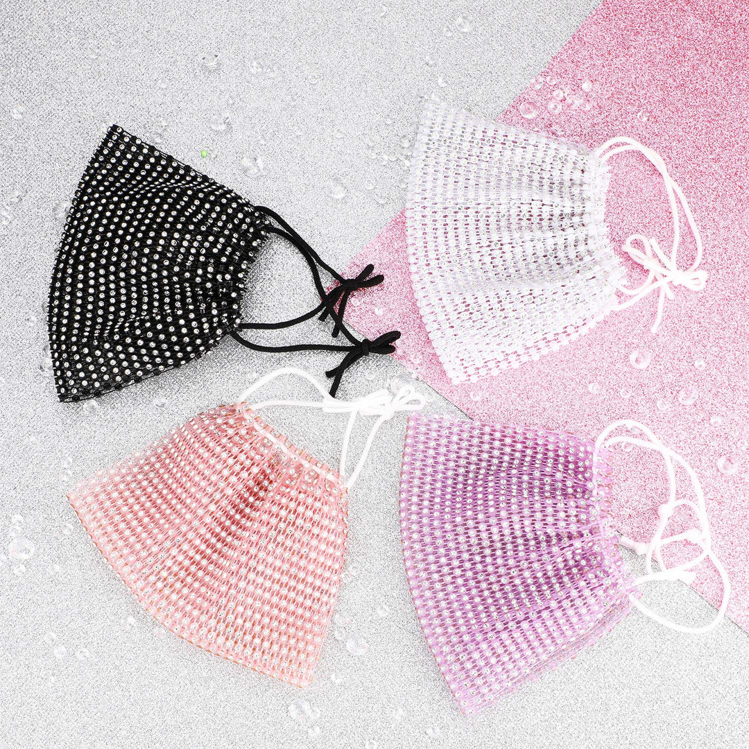 4 Pieces Rhinestone Mesh Face Cover Crystal Metal Glittery Masquerade for Cosplay Party Costume (Black, White, Pink, Purple)