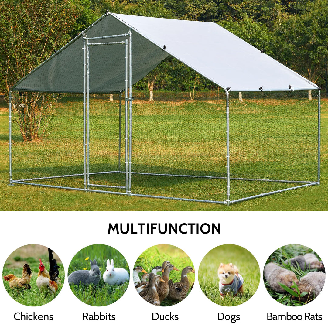 Metal Chicken Coop with Run Walkin Poultry Habitat Supplies with Waterproof and Anti-Ultraviolet Cover for Backyard Farm Garden, Cage for Rabbits/Cats/Dogs(6.5' L x 9.8' W x 6.5' H)