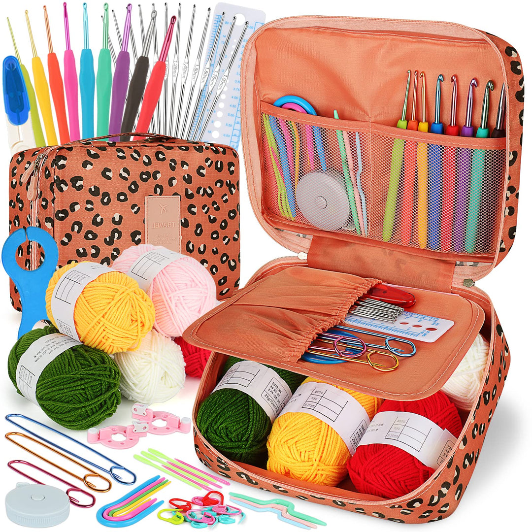Crochet Kit Beginners Crochet Hook Set with Crochet Yarn,58PCS Portable Crochet Set Ergonomic Crochet Hooks Travel Knitting Crochet Supplies