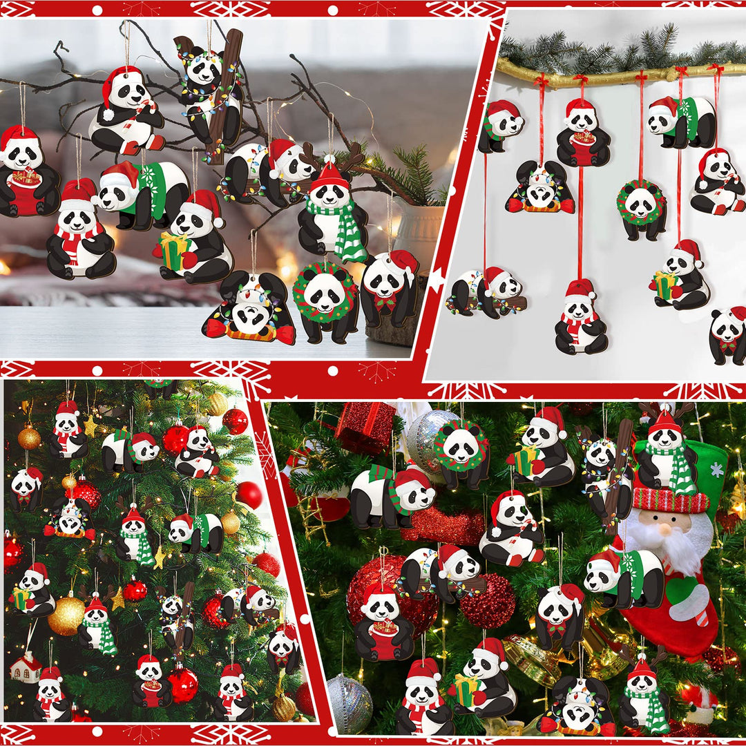 48 Pcs Panda Christmas Ornament for Christmas Tree Xmas Wood Panda Hanging Decoration Pendant Christmas Wood Cutouts with Ropes Panda Ornaments for Tree Living Room Home Window Outdoor Car