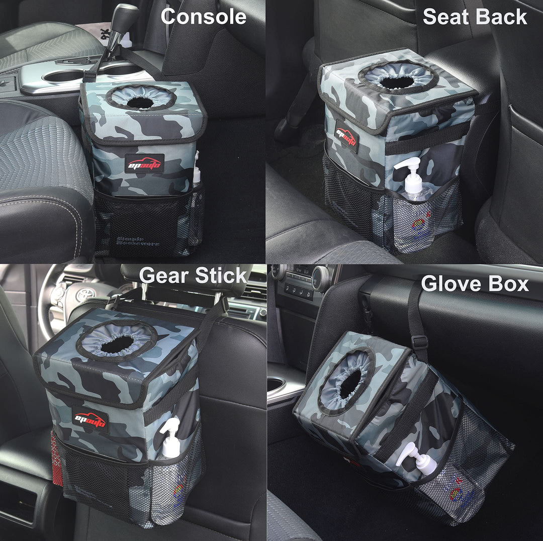 Waterproof Car Trash Can with Lid and Storage Pockets, Camouflage Grey