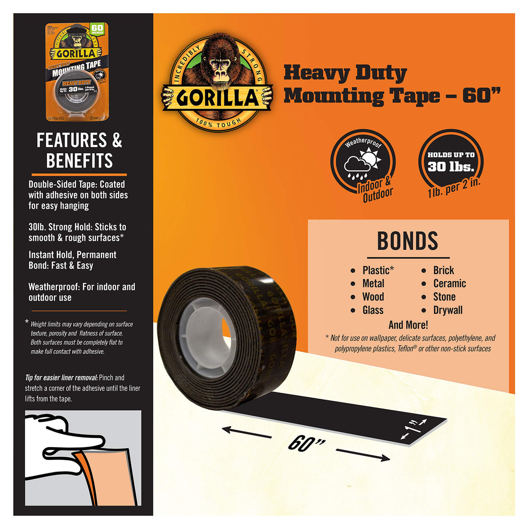 - Heavy Duty Double Sided Mounting Tape; Weatherproof; 1 x 60; Black; (Pack of 2)