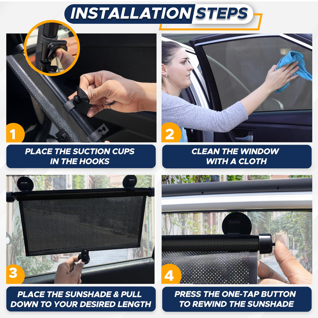 Car Side Window Sun Shade (2 Pack) | Retractable Car Roller Sunshade for Kids | Baby Car Window Shades for UV and Sun Glare Protection | Baby Car Travel Accessories (15x17)