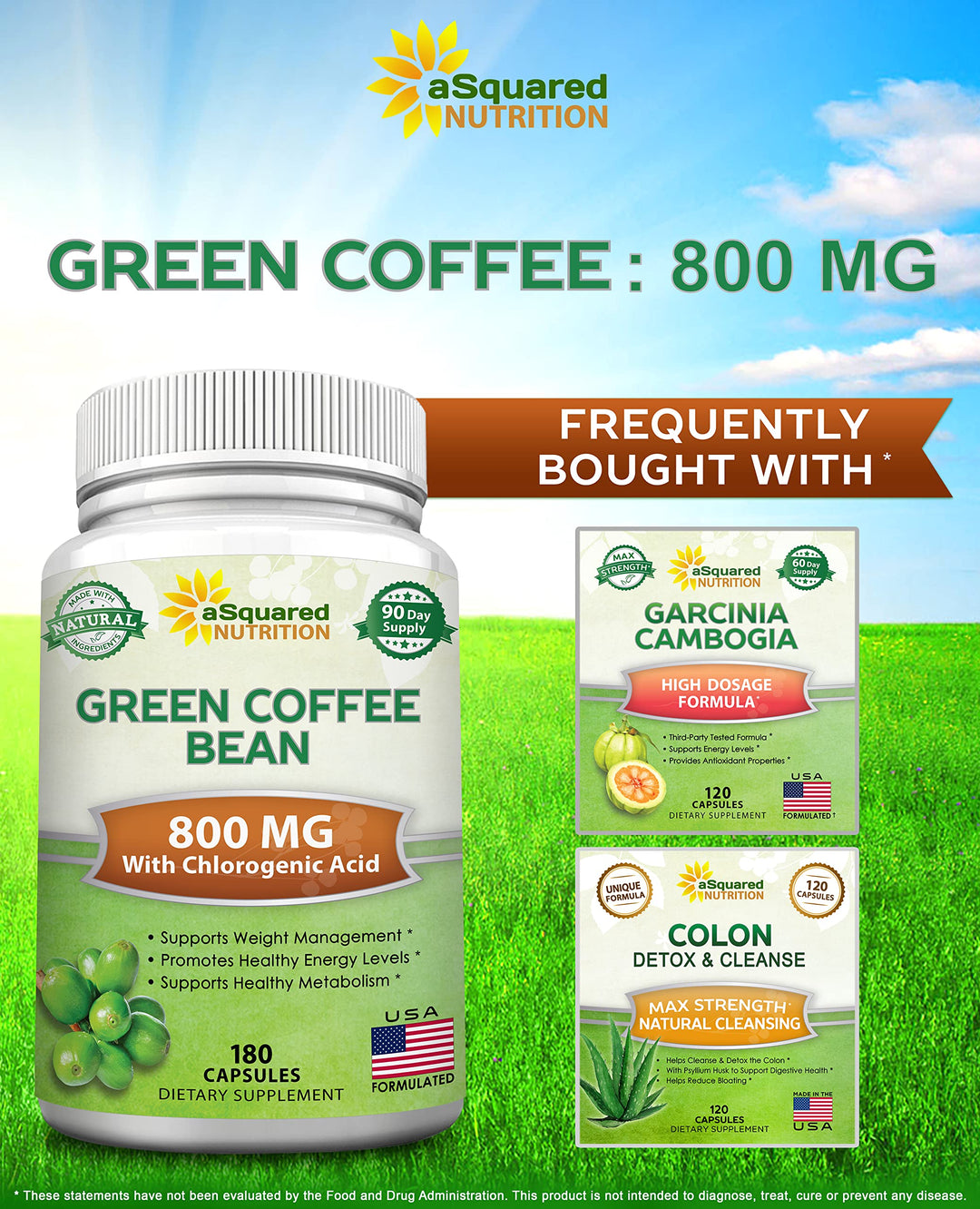 Natural Green Coffee Bean Formula-180 Capsules-Max Strength GCA Antioxidant Cleanse for Pure Weight Loss, 800mg per Pill-Chlorogenic Acid-1600mg Daily Supplement, Healthy Fat Burner