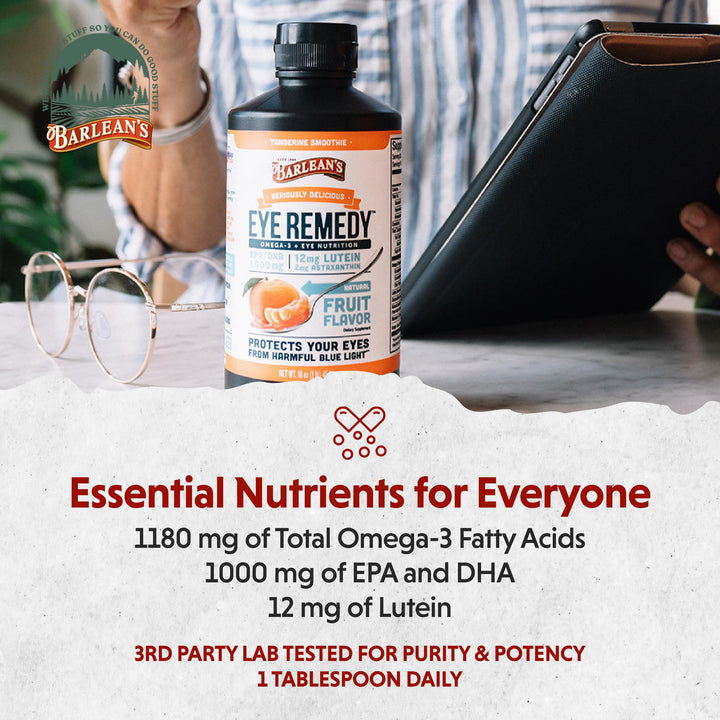 Barlean's Eye Remedy Supplement, Tangerine Flavored Fish Oil Liquid with Lutein, Astaxanthin and Zeaxanthin,1,000mg Omega 3 EPA DHA, Eye Care Supplements, 16 oz