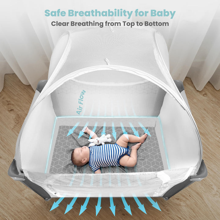Premium Pack n Play Tent, Mini Crib Tent to Keep Baby from Climbing Out, Auto Pop Up Pack and Play Tent with Auto-Lock Zippers, Thick Velvety Breathable Mesh (Stars & Moons - Ruffles)