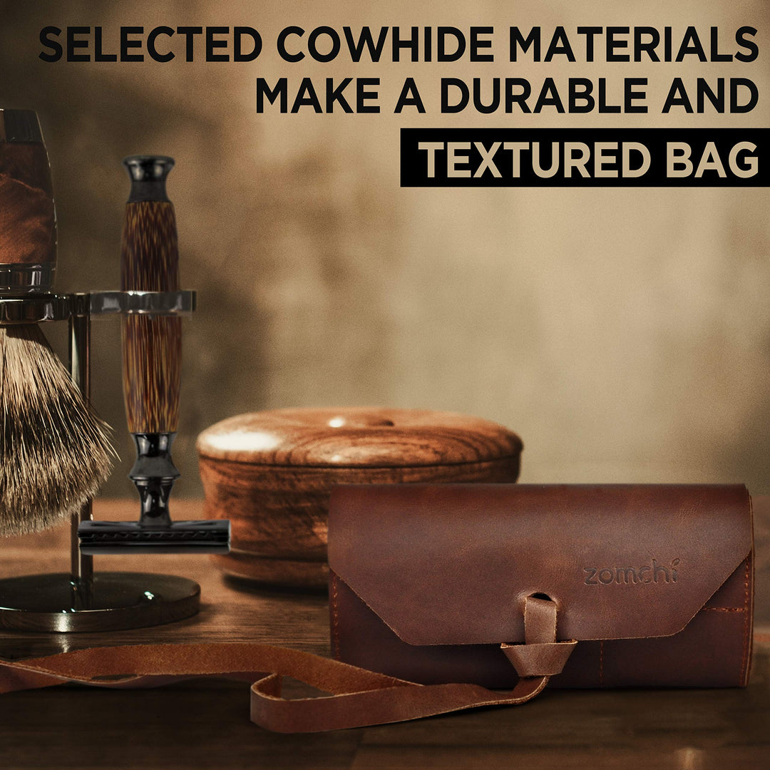 Genuine Leather Safety Razor Case, Razor Travel Shave Case with Pouches for Blades, Shaving Kit (Brown)