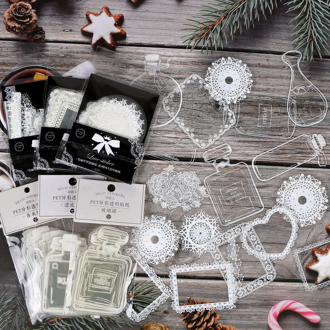 DREMISI 180Pcs Transparent Aesthetics Sticker Glassware Bottle Shape Stickers Lace Stickers PET Transparent Photo Frame Aesthetics Stickers for Scrapbook Journal Planner Diary Notebook Album, 6 Packs