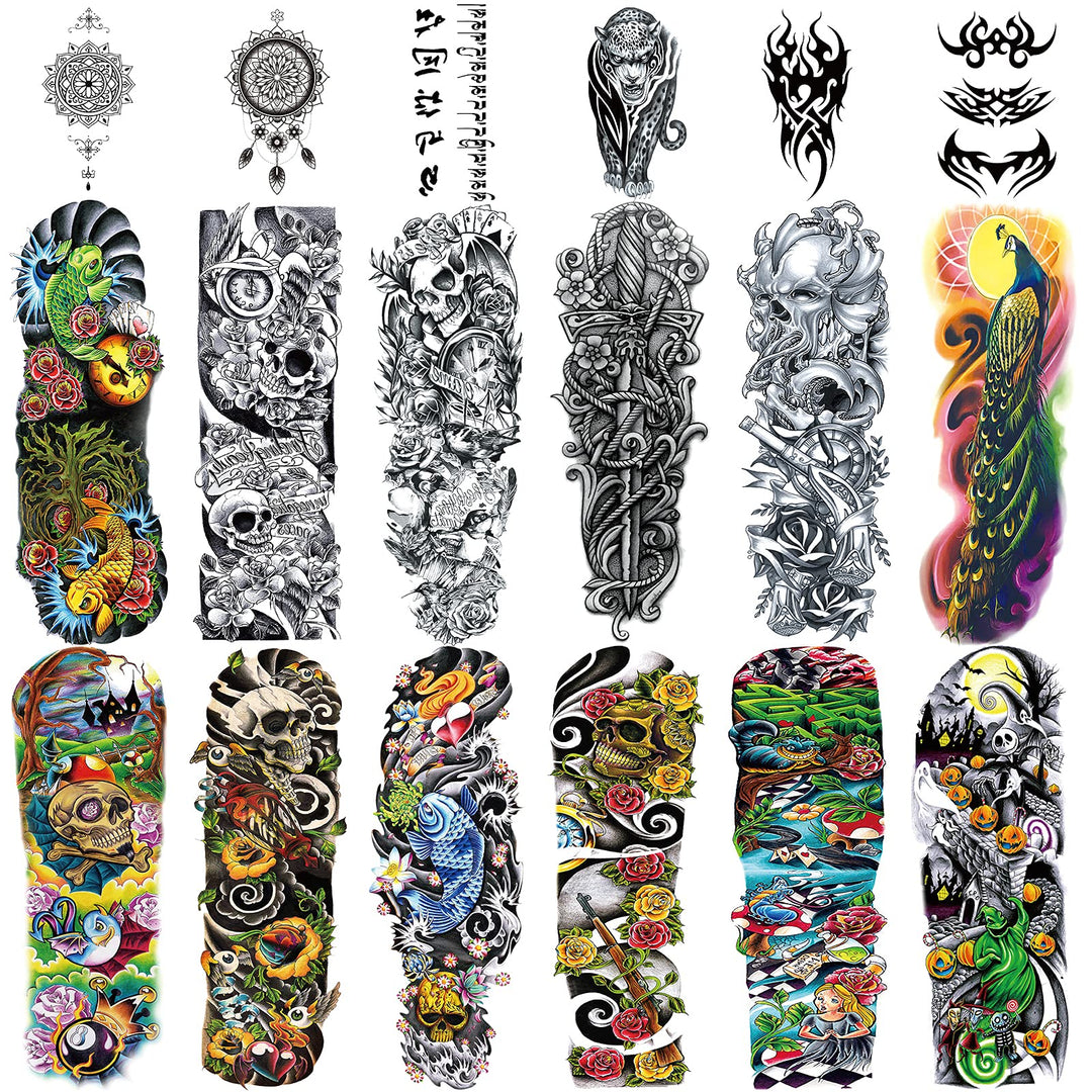 Full Arm Temporary Black Tattoo Body Stickers For Men Women (18 Sheets)