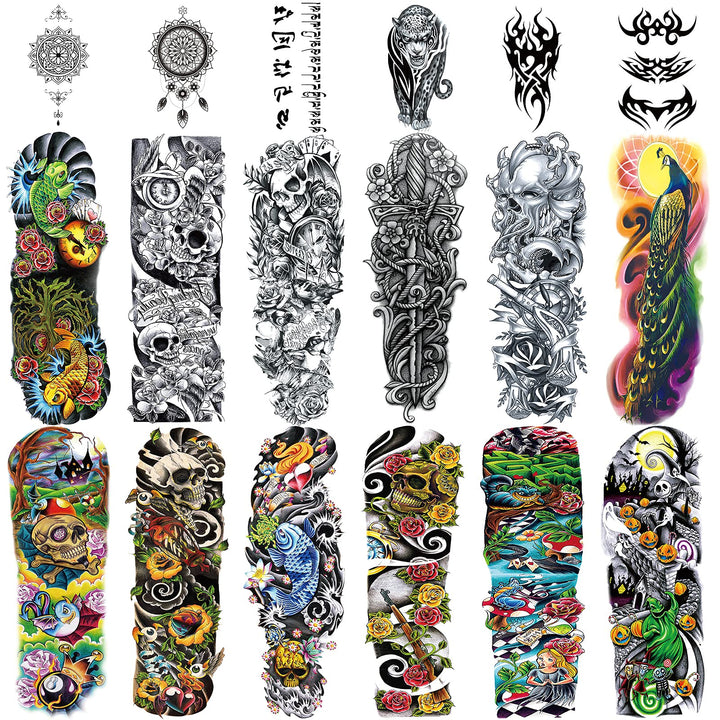 Full Arm Temporary Black Tattoo Body Stickers For Men Women (18 Sheets)