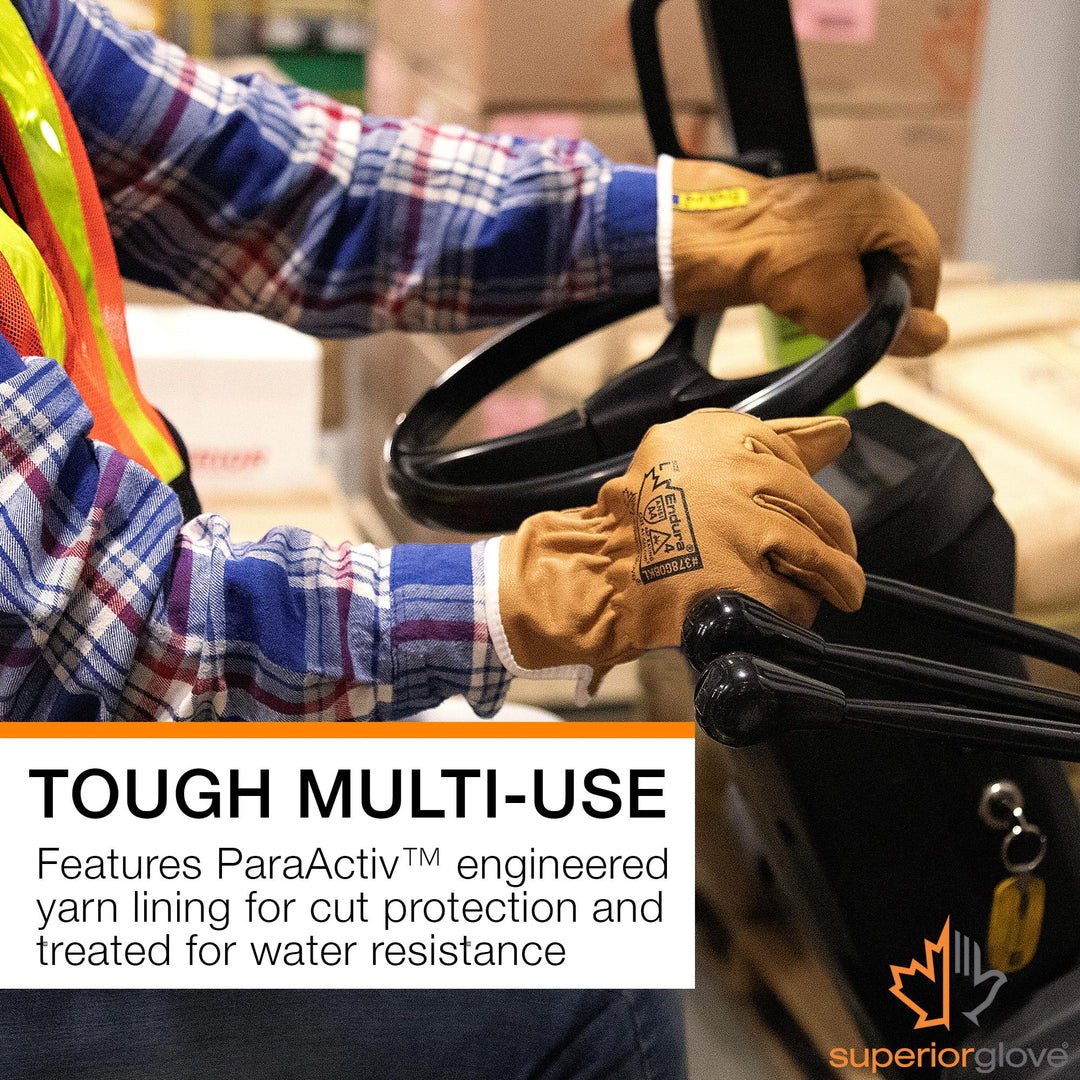 Goat Grain Leather Work Arc Flash Gloves with ParaActiv Cut Resistant Protection - Endura Safety Gloves Water Resistant 378GOBKL (1 Pair) Size Large