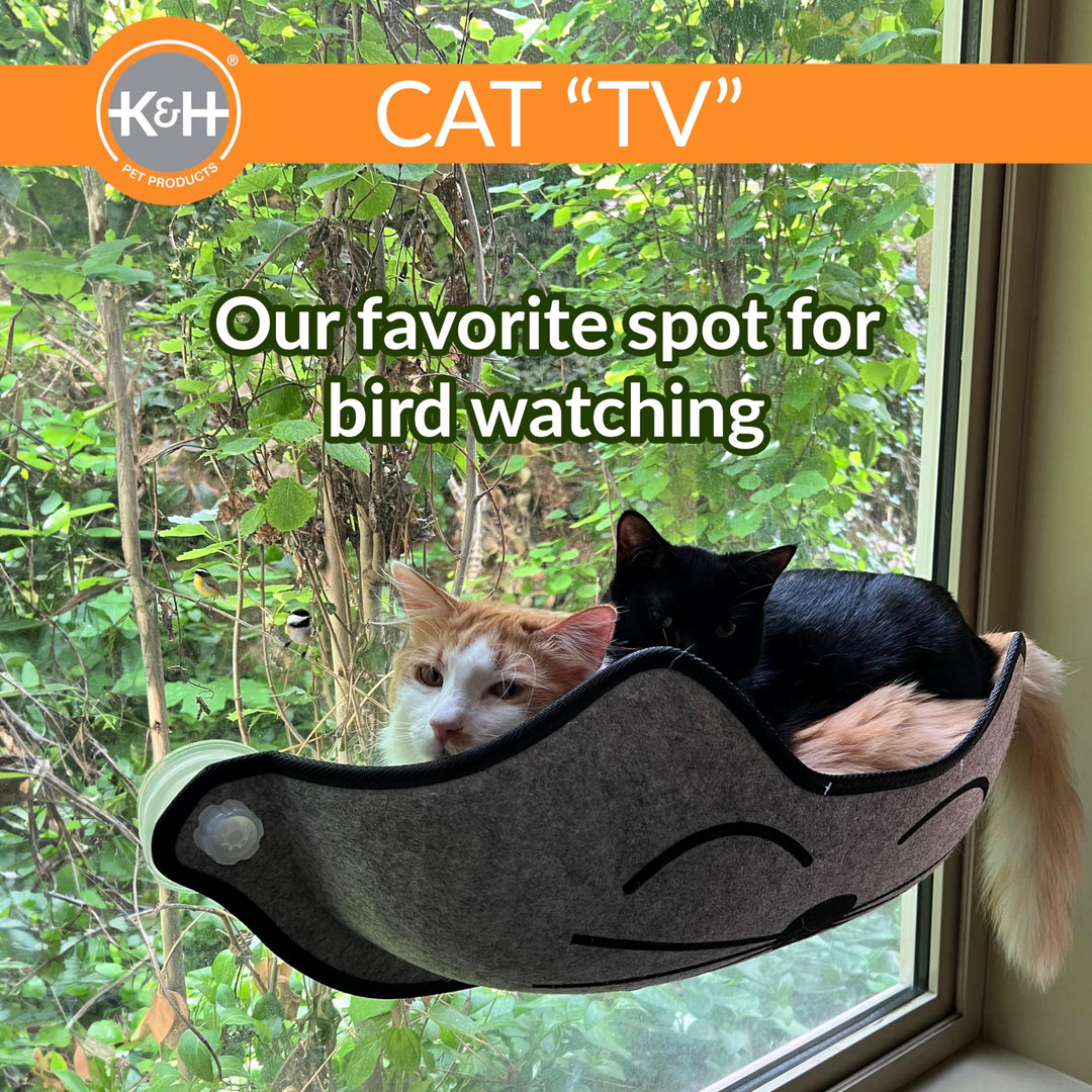 K&H Pet Products EZ Mount Kitty Face Cat Window Perch Bed, Sturdy Cat Window Hammock with Strong Suction Cups, Washable Sleeping Pad, Fits 27 W X 11 H Glass Spaces - Gray Kitty Face Design