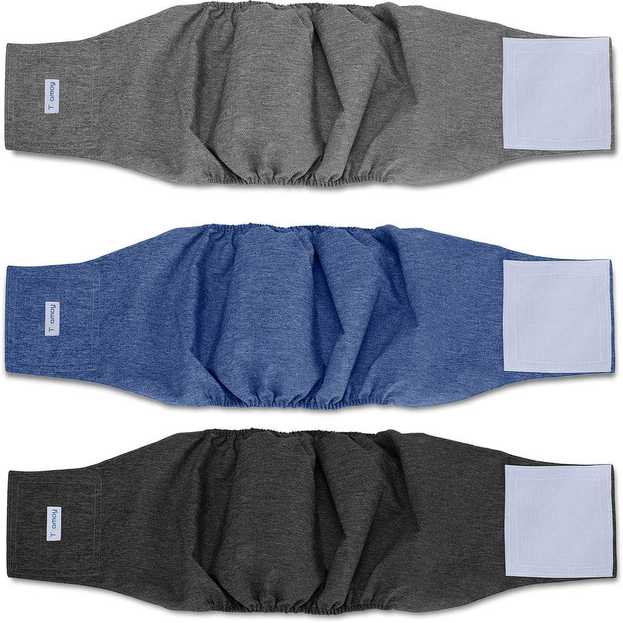 3pcs Reusable Wrap Diapers for Male Dogs, Washable Puppy Belly Band (2XL, 29-34 Waist, Black+ Gray+ Blue)