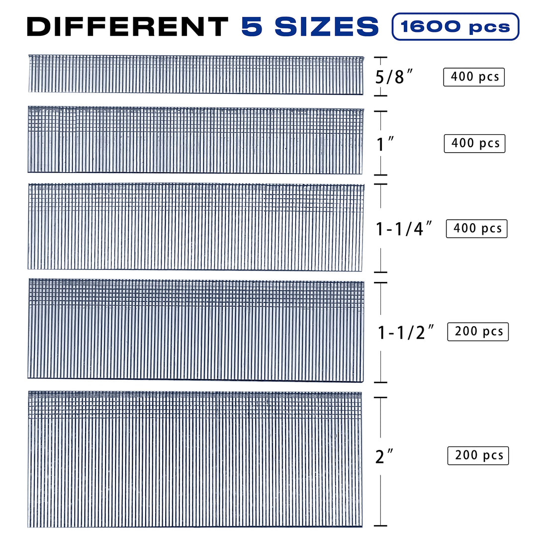 1600 pcs 18 Gauge Brad Nails 5 Sizes (5/8+1+1 1/4+1 1/2+2 Inch) Galvanized Nail Assorted Size Project Pack