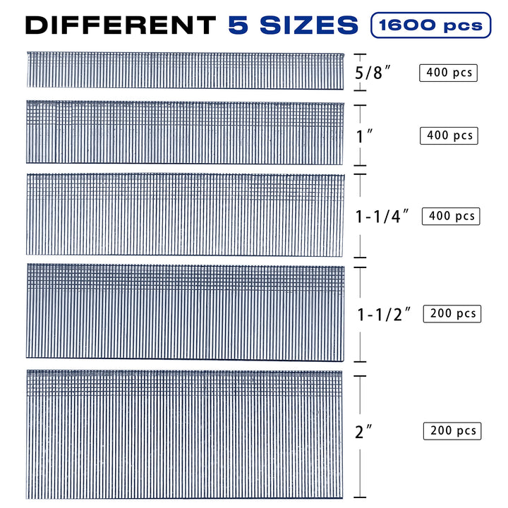 1600 pcs 18 Gauge Brad Nails 5 Sizes (5/8+1+1 1/4+1 1/2+2 Inch) Galvanized Nail Assorted Size Project Pack