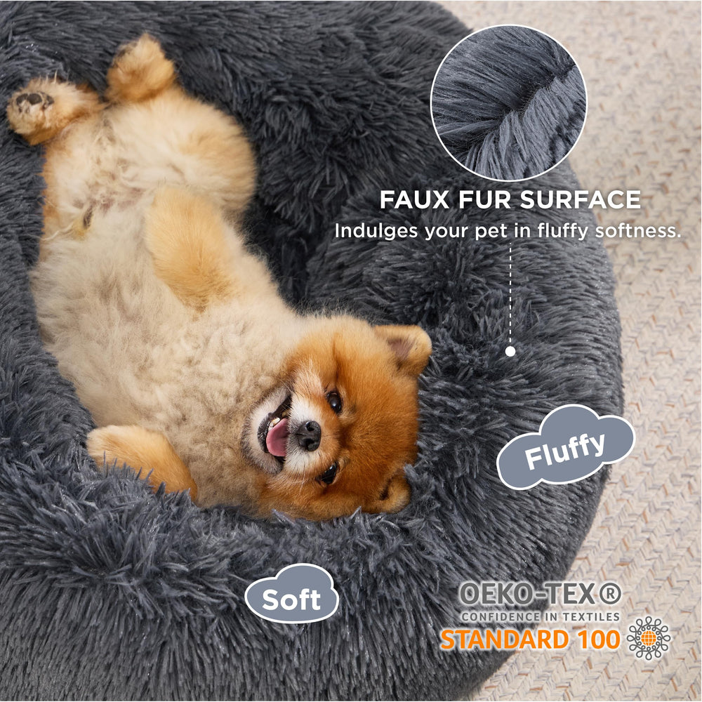 Calming Dog Bed for Small Dogs - Donut Washable Small Pet Bed, 23 inches Anti-Slip Round Fluffy Plush Faux Fur Large Cat Bed, Fits up to 25 lbs Pets, Dark Grey