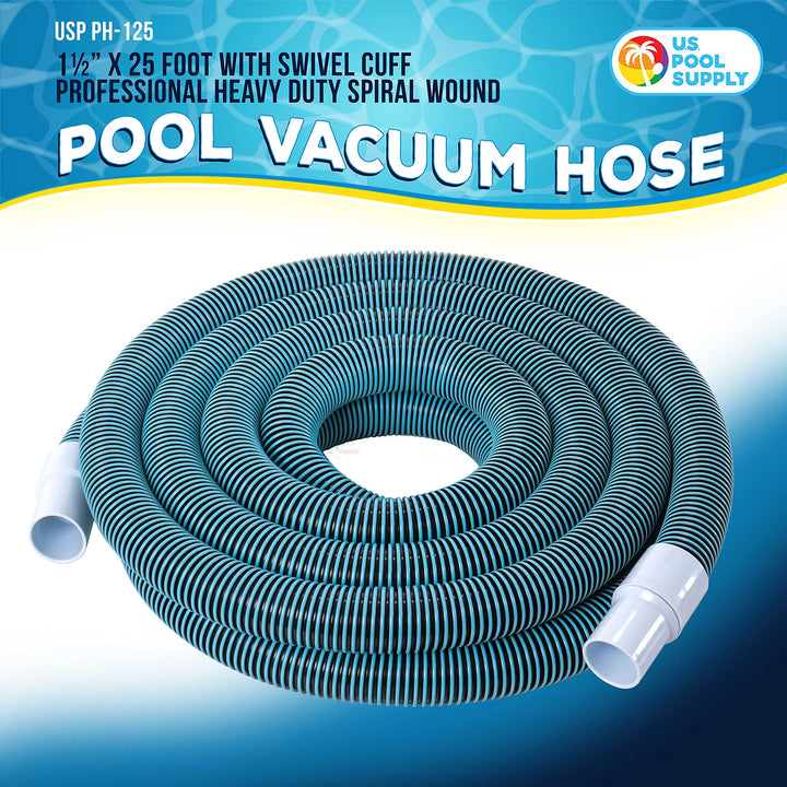 1-1/2 x 25 Foot Professional Heavy Duty Spiral Wound Swimming Pool Vacuum Hose with Kink-Free Swivel Cuff, Flexible - Connect to Vacuum Heads, Skimmer, Filter Pump Inlet, Accessories