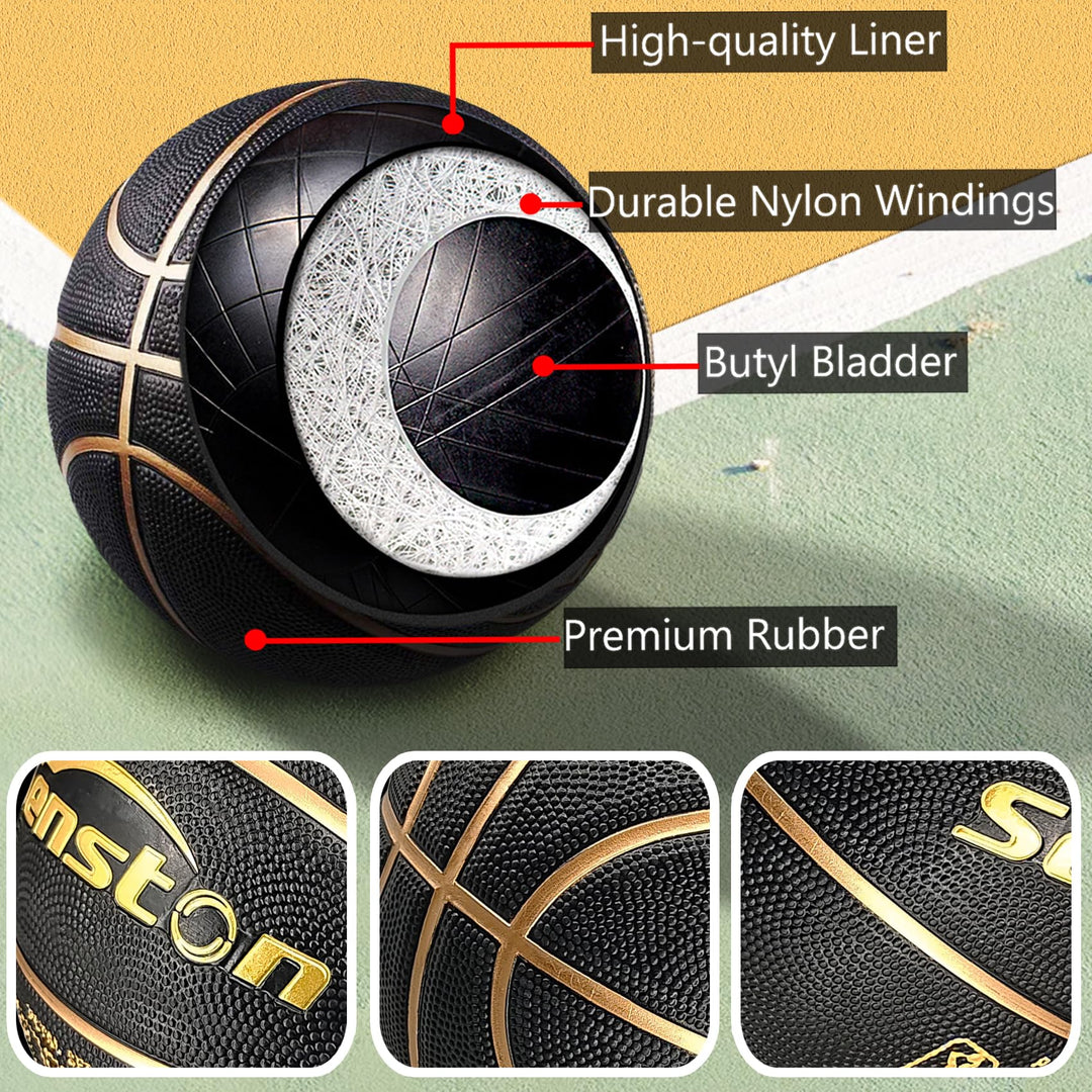 29.5'' Basketball Outdoor Indoor Rubber Basketball Ball Official Size 7 Street Basketball with Pump Black/Gold